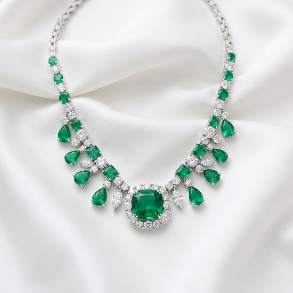 Imperial Emerald & Diamond Necklace on White Silk